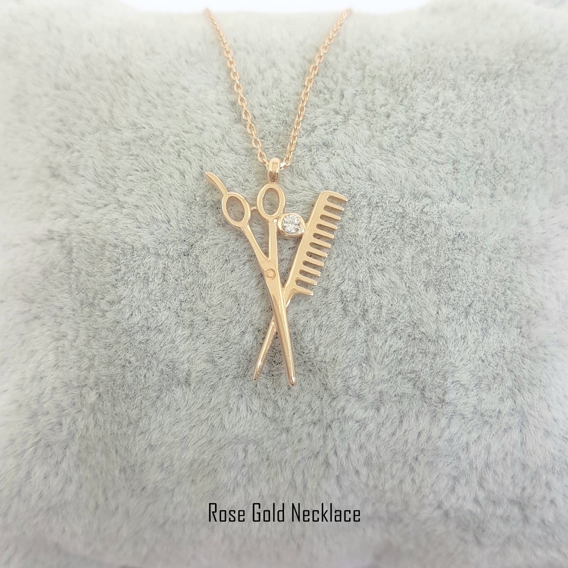 14k Real Solid Gold Scissors and Comb Charm Pendant Necklace Hair Stylist Dresser Salon Gift Fashion Barber Beauty Shop Women Jewelry