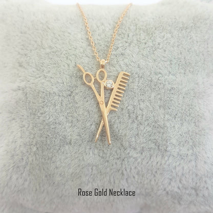 14k Real Solid Gold Scissors and Comb Charm Pendant Necklace Hair Stylist Dresser Salon Gift Fashion Barber Beauty Shop Women Jewelry