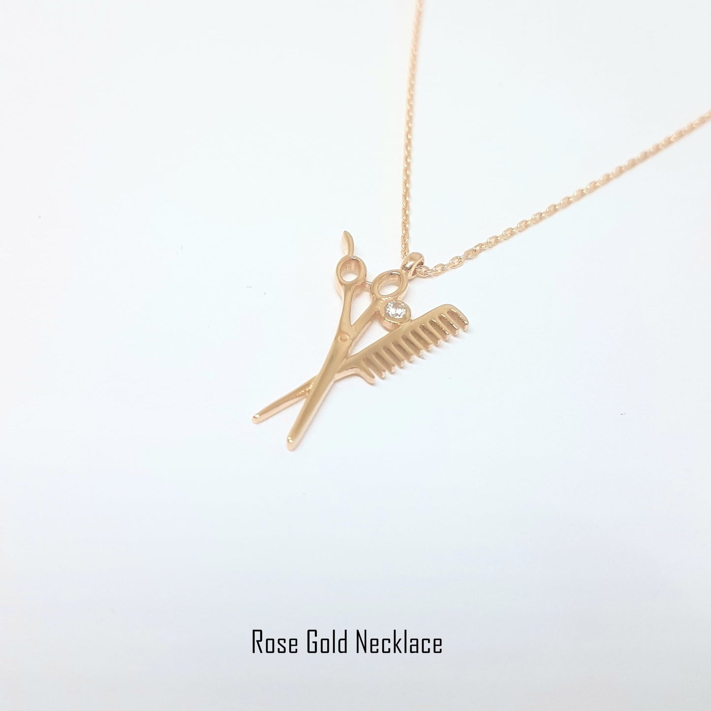 14k Real Solid Gold Scissors and Comb Charm Pendant Necklace Hair Stylist Dresser Salon Gift Fashion Barber Beauty Shop Women Jewelry