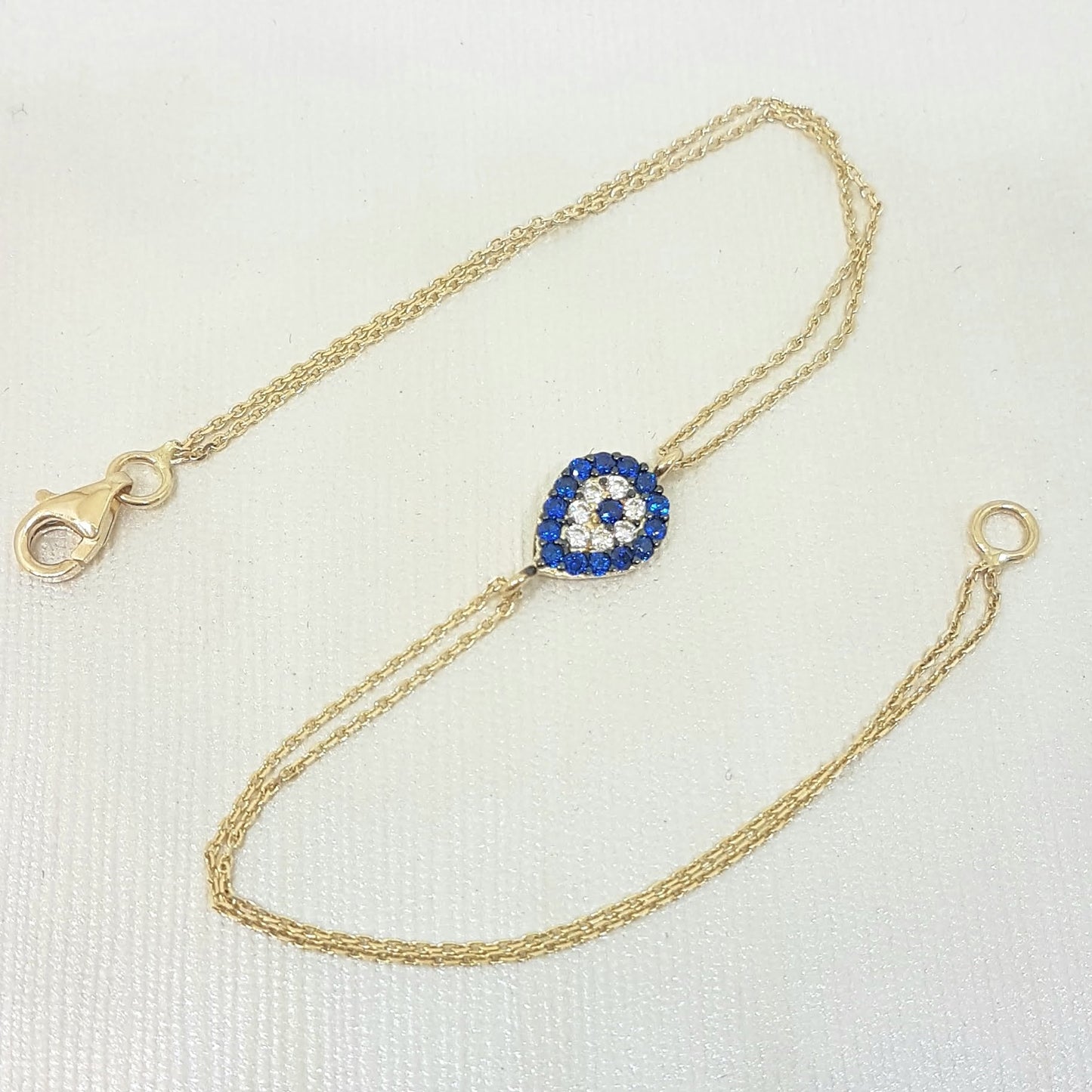 Evil Eye 14K Solid Gold Eye Drop Design with Navy Blue and White Zirconia Stones Tiny, Dainty,Delicate and Trendy Bracelet best gift for women