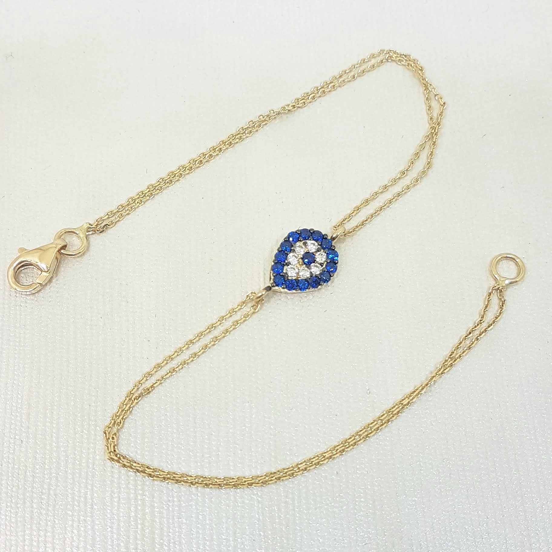 Evil Eye 14K Solid Gold Eye Drop Design with Navy Blue and White Zirconia Stones Tiny, Dainty,Delicate and Trendy Bracelet best gift for women