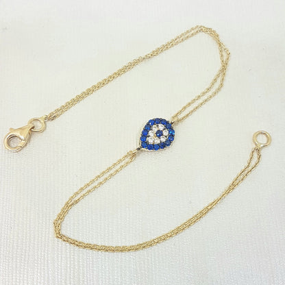 Evil Eye 14K Solid Gold Eye Drop Design with Navy Blue and White Zirconia Stones Tiny, Dainty,Delicate and Trendy Bracelet best gift for women