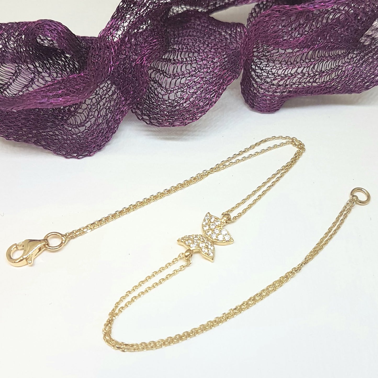 14K Real Solid Gold Butterfly Shape Design with White Zirconia Stones Tiny, Dainty,Delicate and Trendy Bracelet best gift for women,yourself, birthday