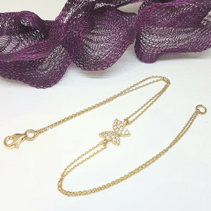 14K Real Solid Gold Butterfly Shape Design with White Zirconia Stones Tiny, Dainty,Delicate and Trendy Bracelet best gift for women,yourself, birthday