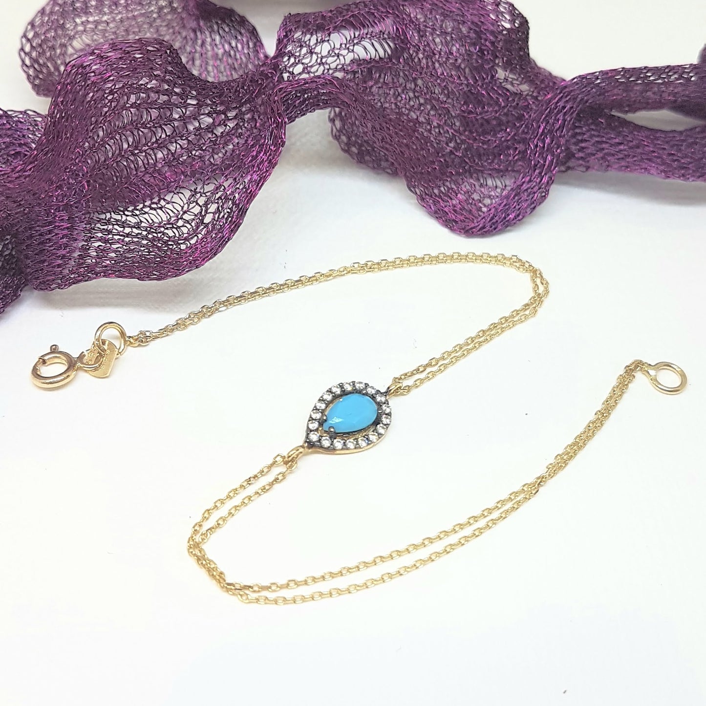 14K Real Solid Gold Tear Drop Design with Turquoise and White Zirconia Stones Halo Elegant Dainty Delicate Charm Cute Trendy Bracelet