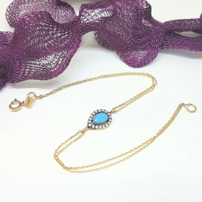 14K Real Solid Gold Tear Drop Design with Turquoise and White Zirconia Stones Halo Elegant Dainty Delicate Charm Cute Trendy Bracelet