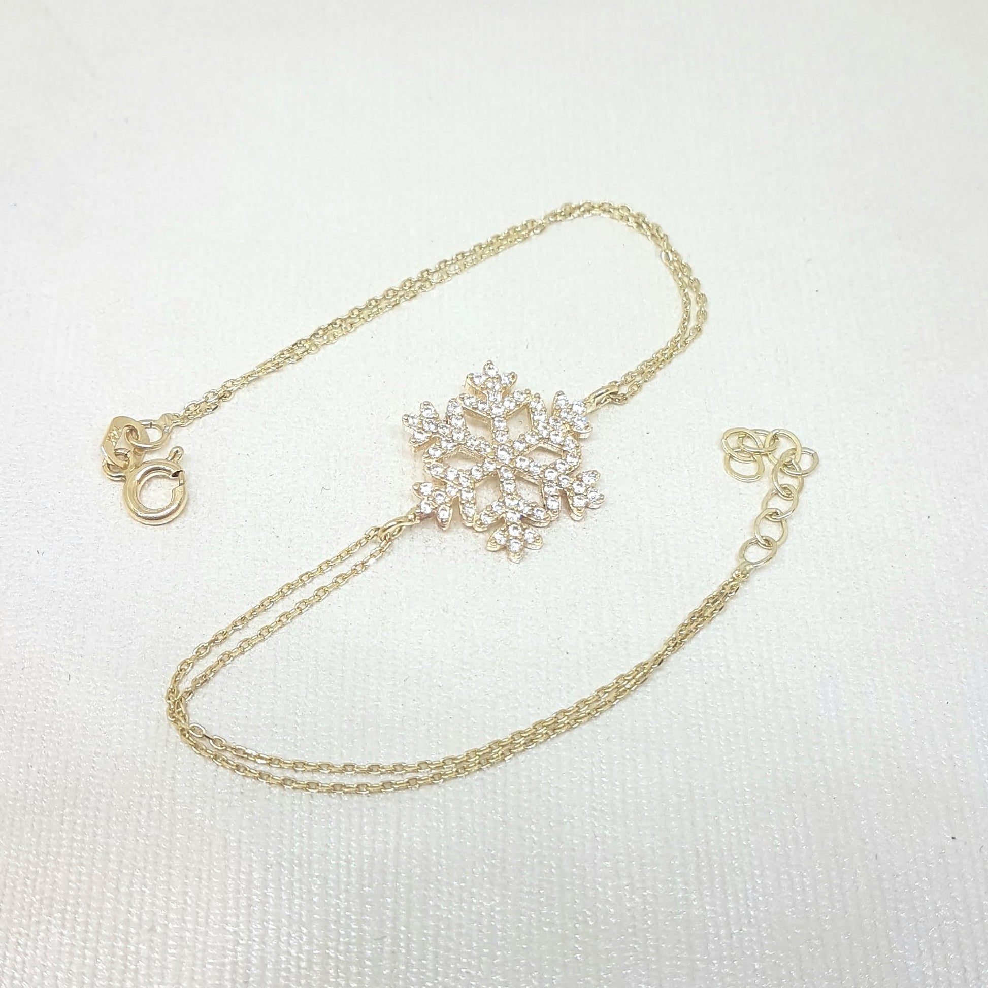 14K Real Solid Gold Snowflake Design with White Zirconia Stones Cute Elegant Dainty Charm Delicate Trendy Bracelet Best Birthday Gift for Women Jewelry