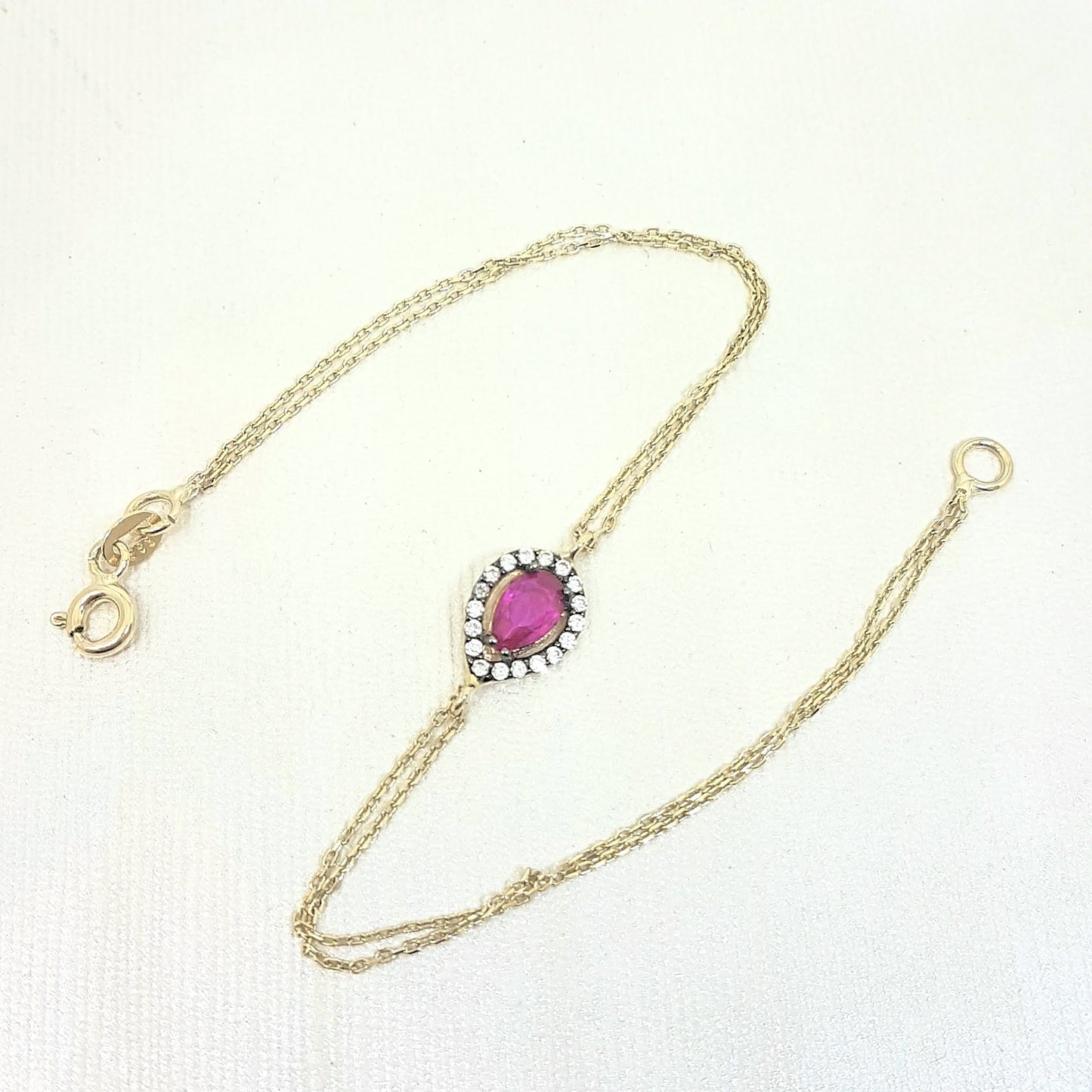 14K Real Solid Gold Tear Drop Design with RED and White Zirconia Stones Halo Elegant Dainty Delicate Charm Cute Trendy Bracelet best birthday gift for women Jewelry Mother Girl Grandma