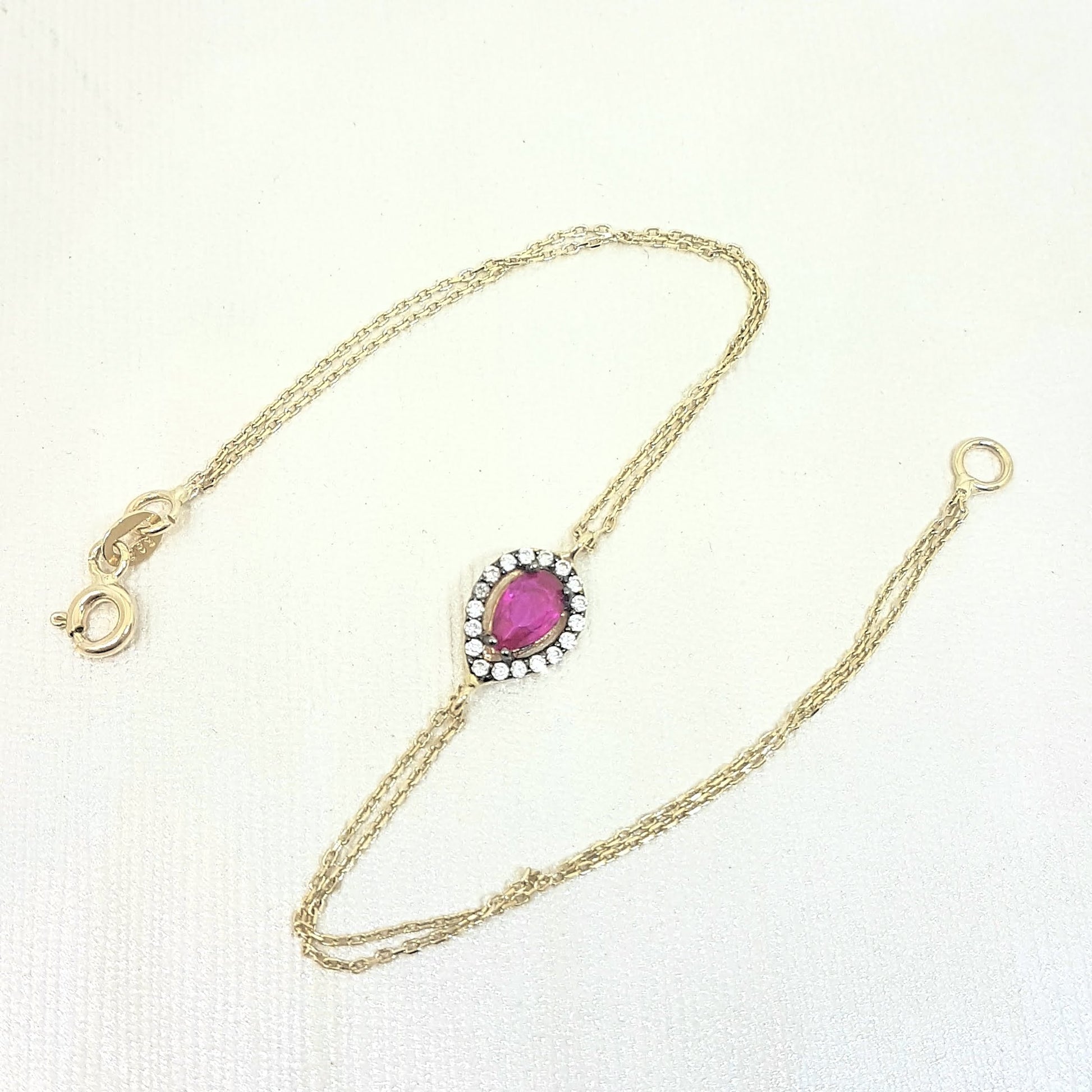 14K Real Solid Gold Tear Drop Design with RED and White Zirconia Stones Halo Elegant Dainty Delicate Charm Cute Trendy Bracelet best birthday gift for women Jewelry Mother Girl Grandma