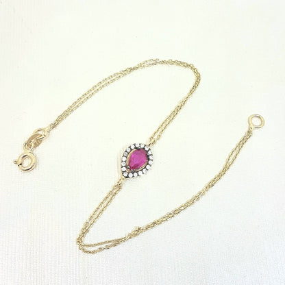 14K Real Solid Gold Tear Drop Design with RED and White Zirconia Stones Halo Elegant Dainty Delicate Charm Cute Trendy Bracelet best birthday gift for women Jewelry Mother Girl Grandma