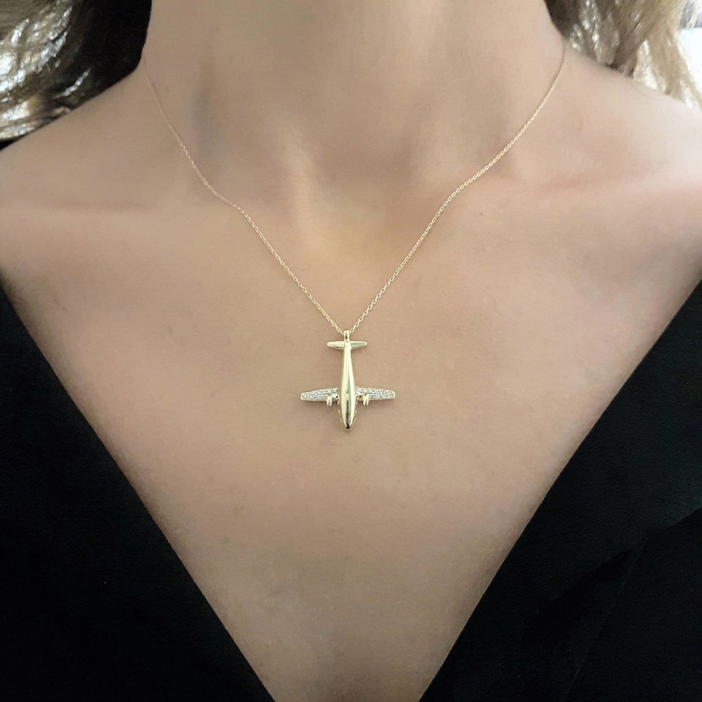 14K Gold Airplane Plane Jet Fighter Aircraft Pendant Charm Necklace for Women Travel Live Free Decorated with White Zirconia Stones