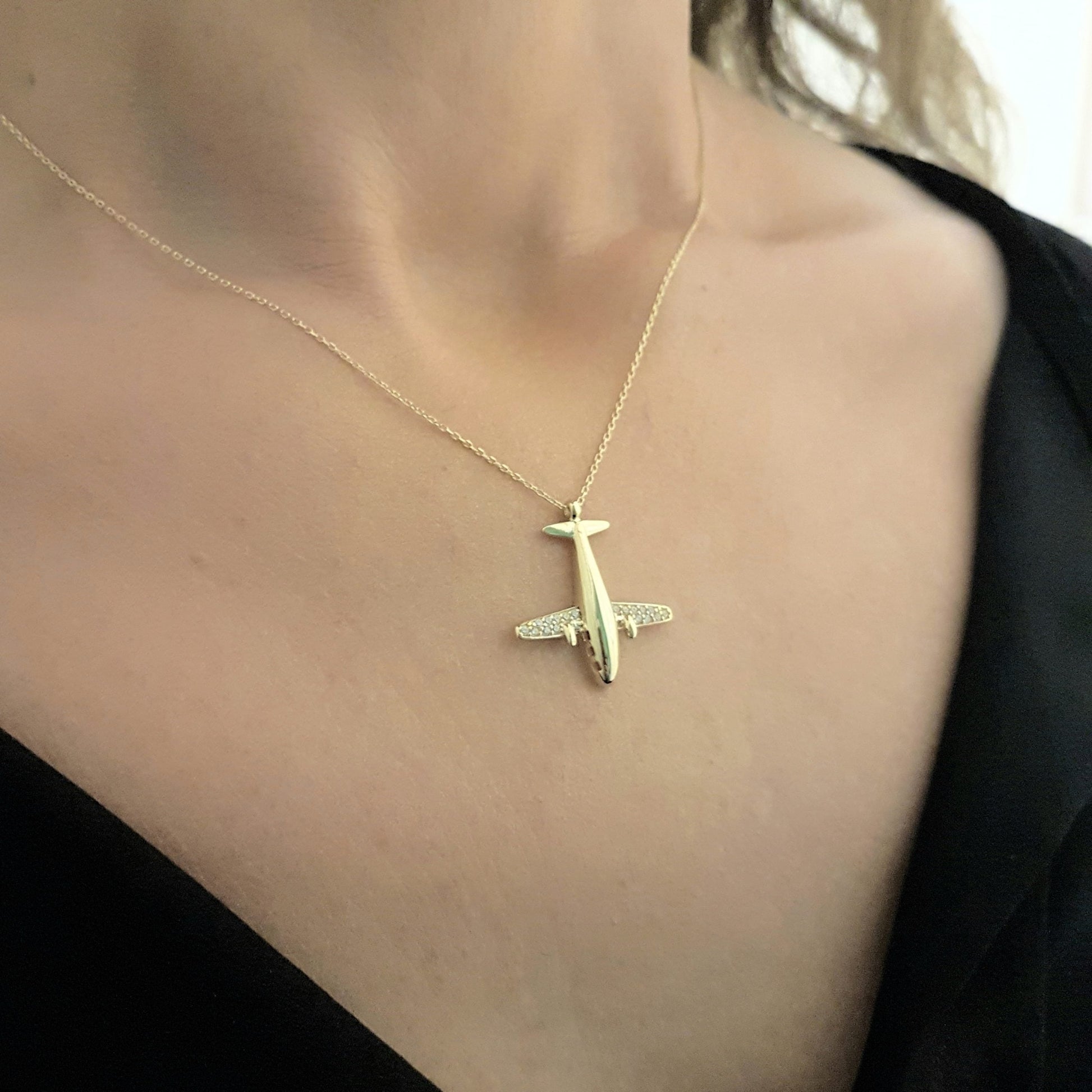 14K Gold Airplane Plane Jet Fighter Aircraft Pendant Charm Necklace for Women Travel Live Free Decorated with White Zirconia Stones