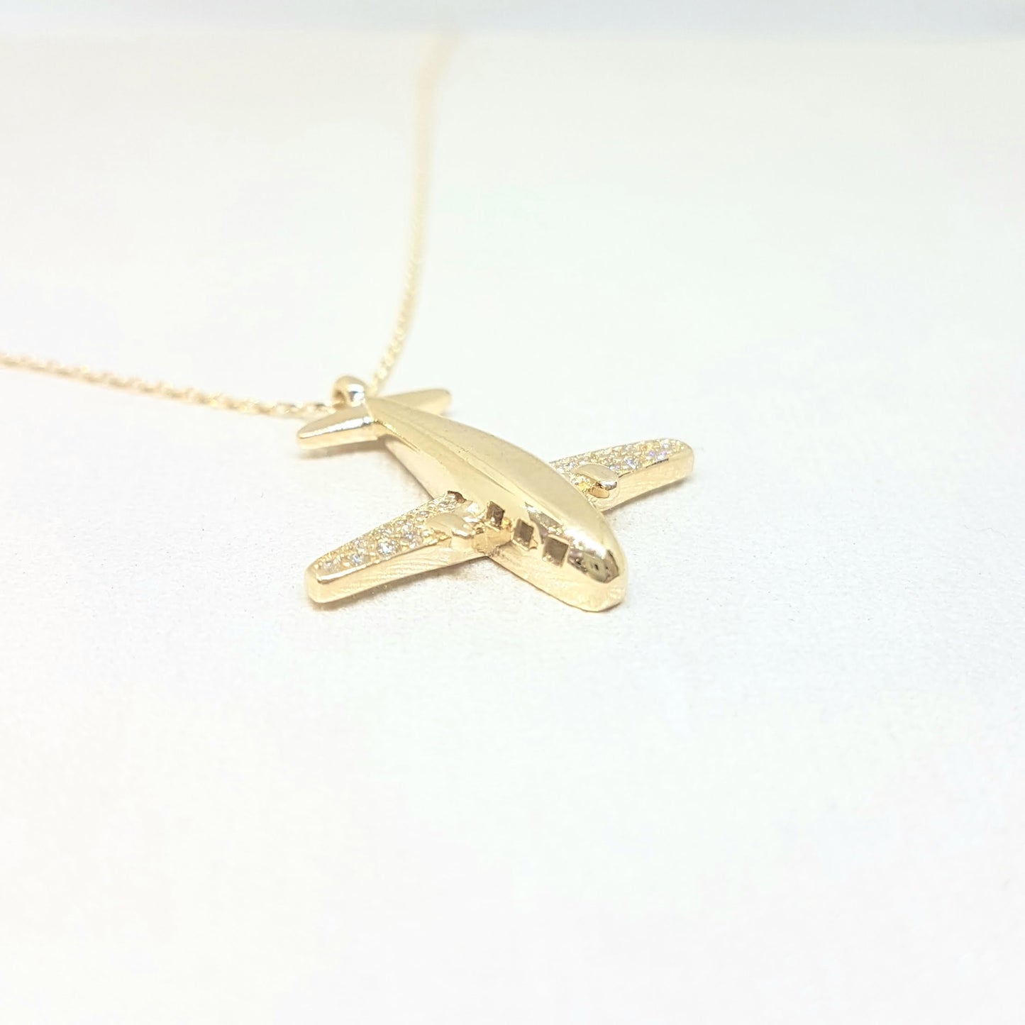 14K Gold Airplane Plane Jet Fighter Aircraft Pendant Charm Necklace for Women Travel Live Free Decorated with White Zirconia Stones