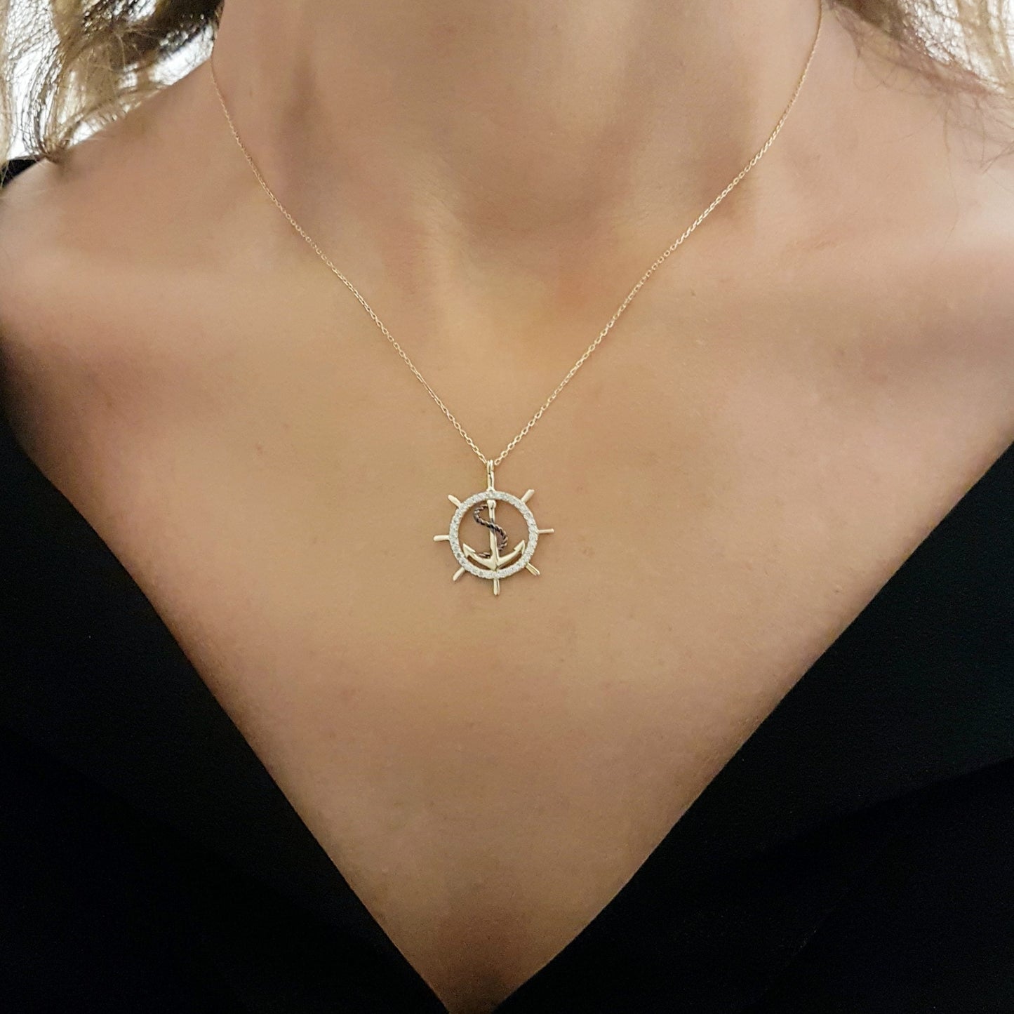 14K Real Solid Gold Anchor Pendant Necklace for Women With Zirconia Stones Charm Jewelry Ship Wheel Nautical Rope Navy Sailor