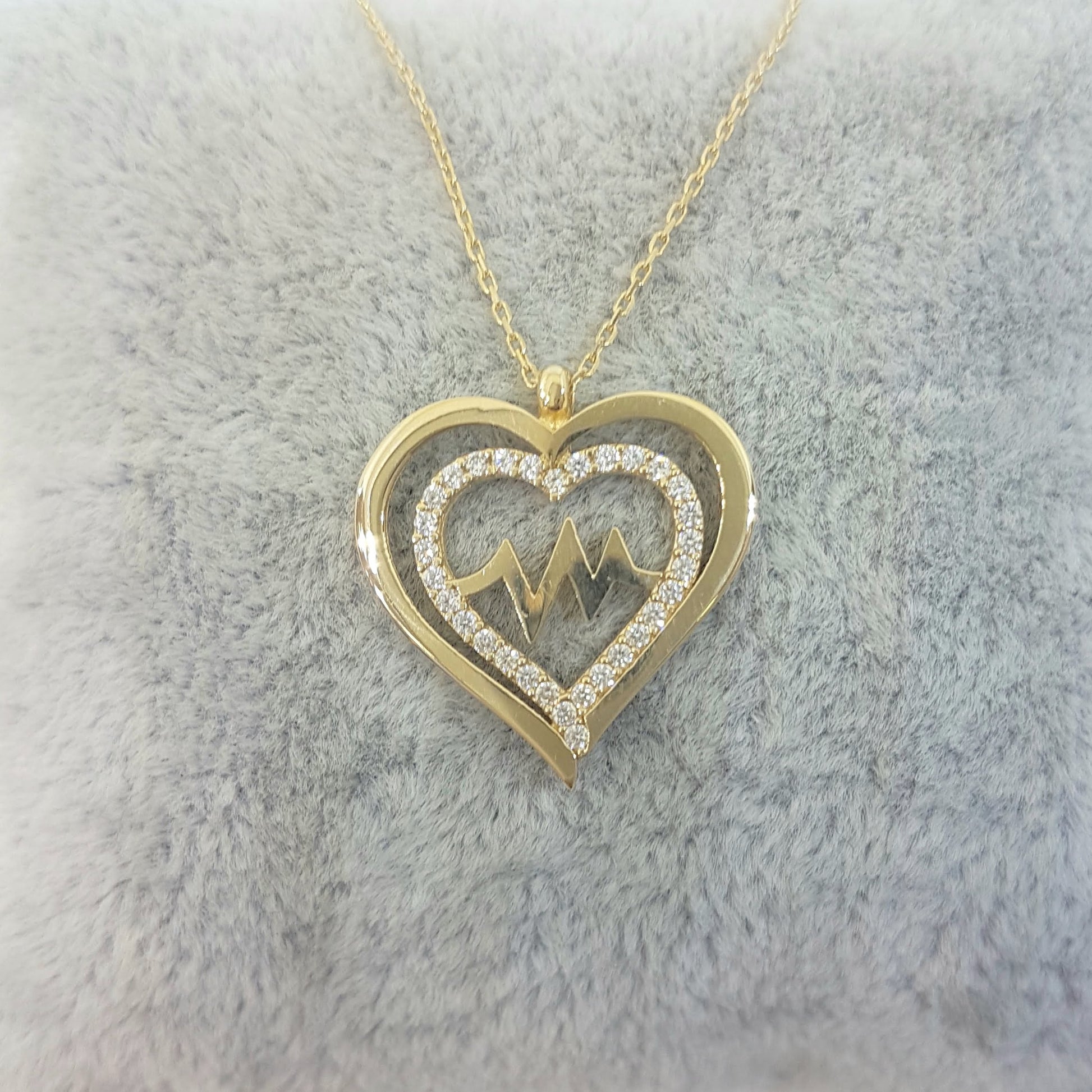 14K Gold Double Heart Love Lifeline Pulse EKG Heartbeat Pendant Necklace Decorated with Zirconia Stones Charm Elegant Dainty Birthday Valentine Christmas Gift For Women Jewelry