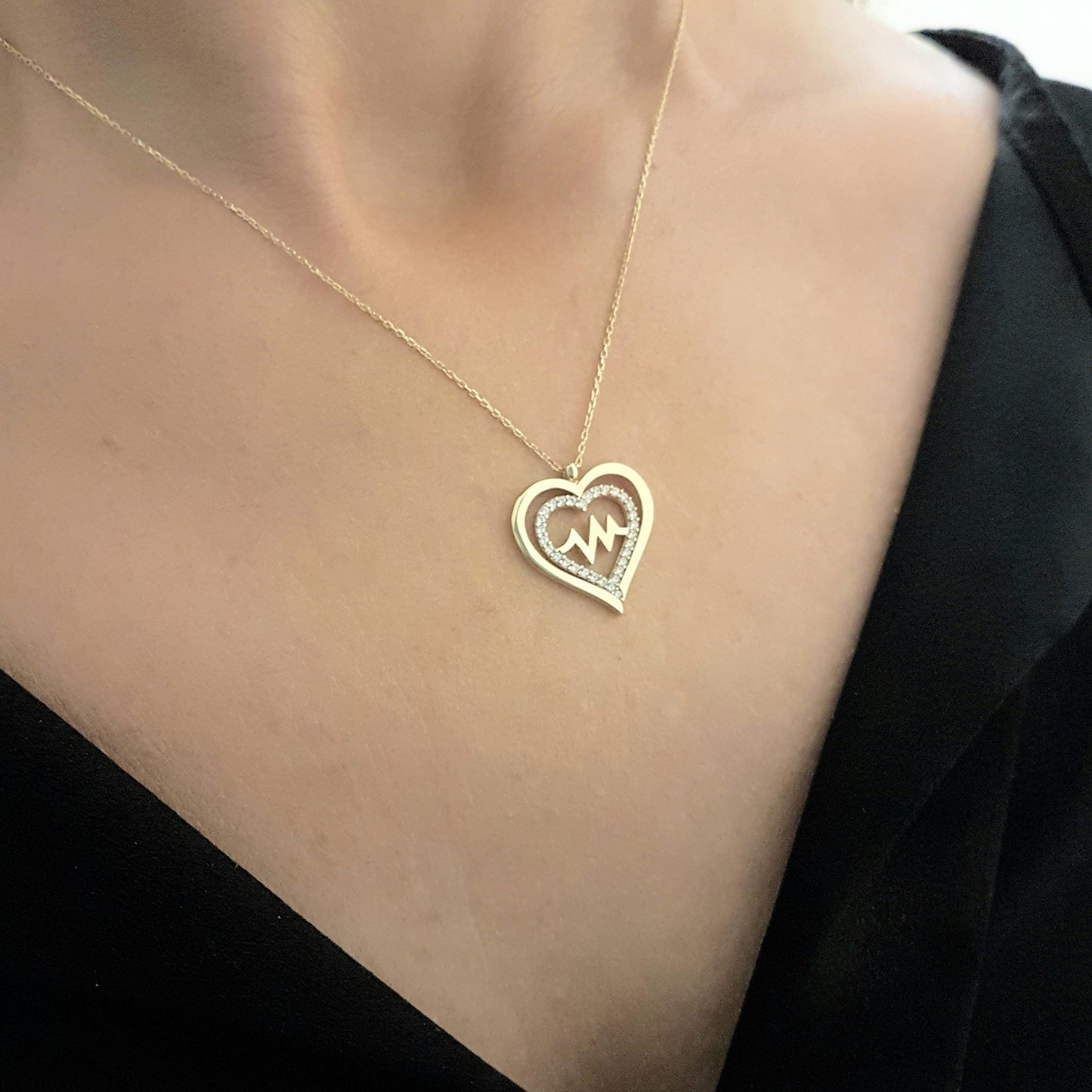 14K Gold Double Heart Love Lifeline Pulse EKG Heartbeat Pendant Necklace Decorated with Zirconia Stones Charm Elegant Dainty Birthday Valentine Christmas Gift For Women Jewelry