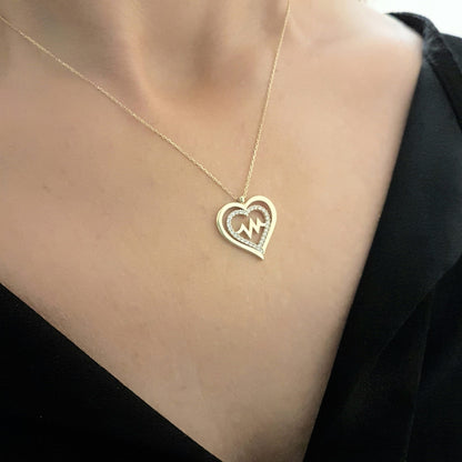 14K Gold Double Heart Love Lifeline Pulse EKG Heartbeat Pendant Necklace Decorated with Zirconia Stones Charm Elegant Dainty Birthday Valentine Christmas Gift For Women Jewelry