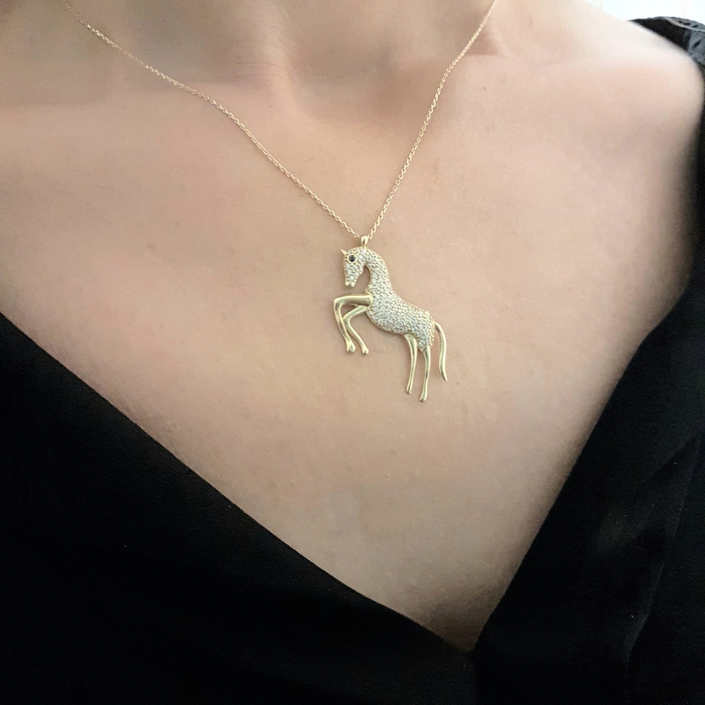 14K Gold Horse Pendant Necklace Decorated with Zirconia Stones Charm Elegant Dainty Birthday Valentine Christmas Gifts For Women Jewelry Girls