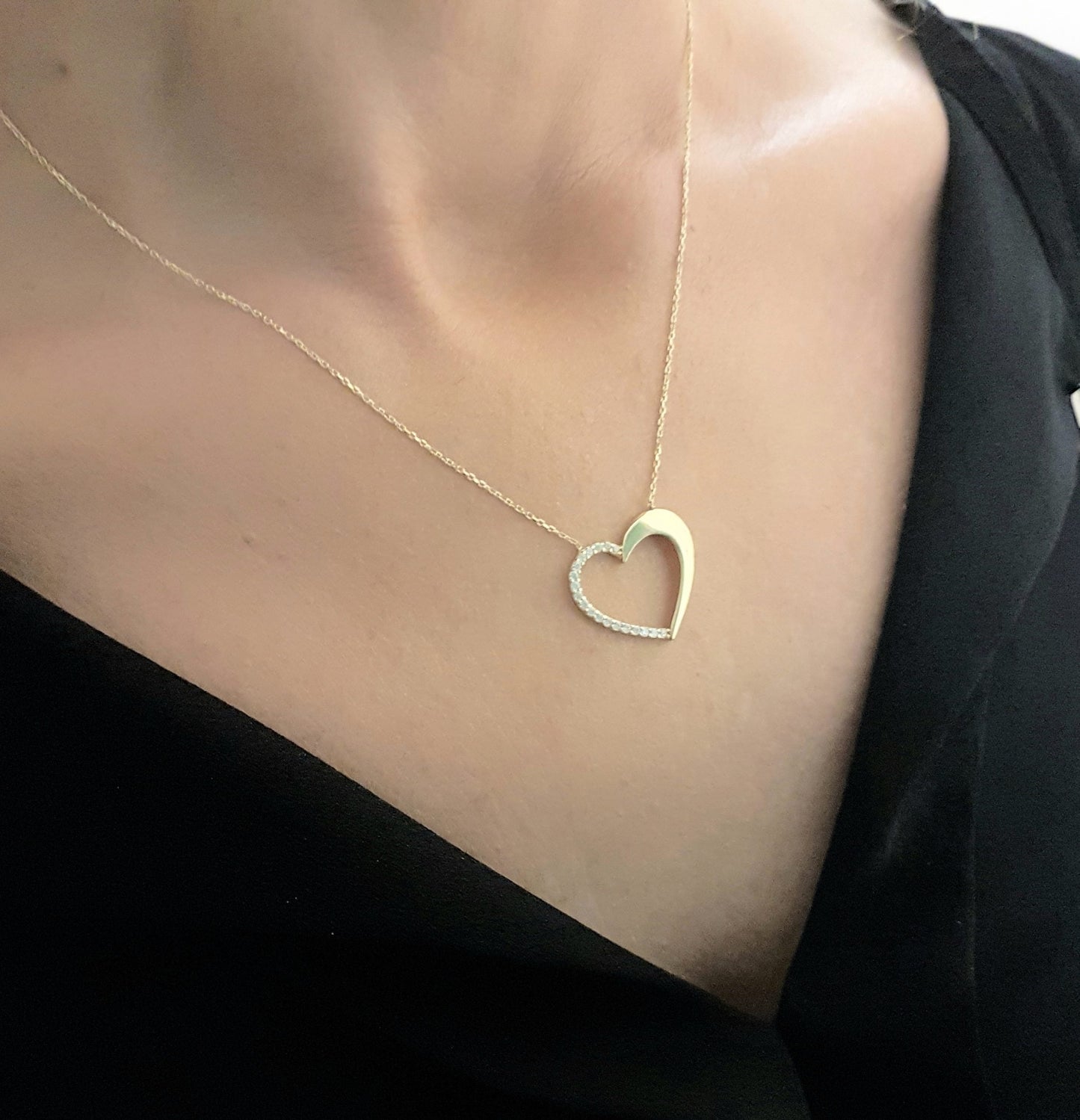 14K Real Solid Gold Forever Love Heart Pendant Necklace Half Decorated with Diamond Cut Zirconia Stones Charm Elegant Dainty Birthday Valentine Christmas Gift Women Jewelry