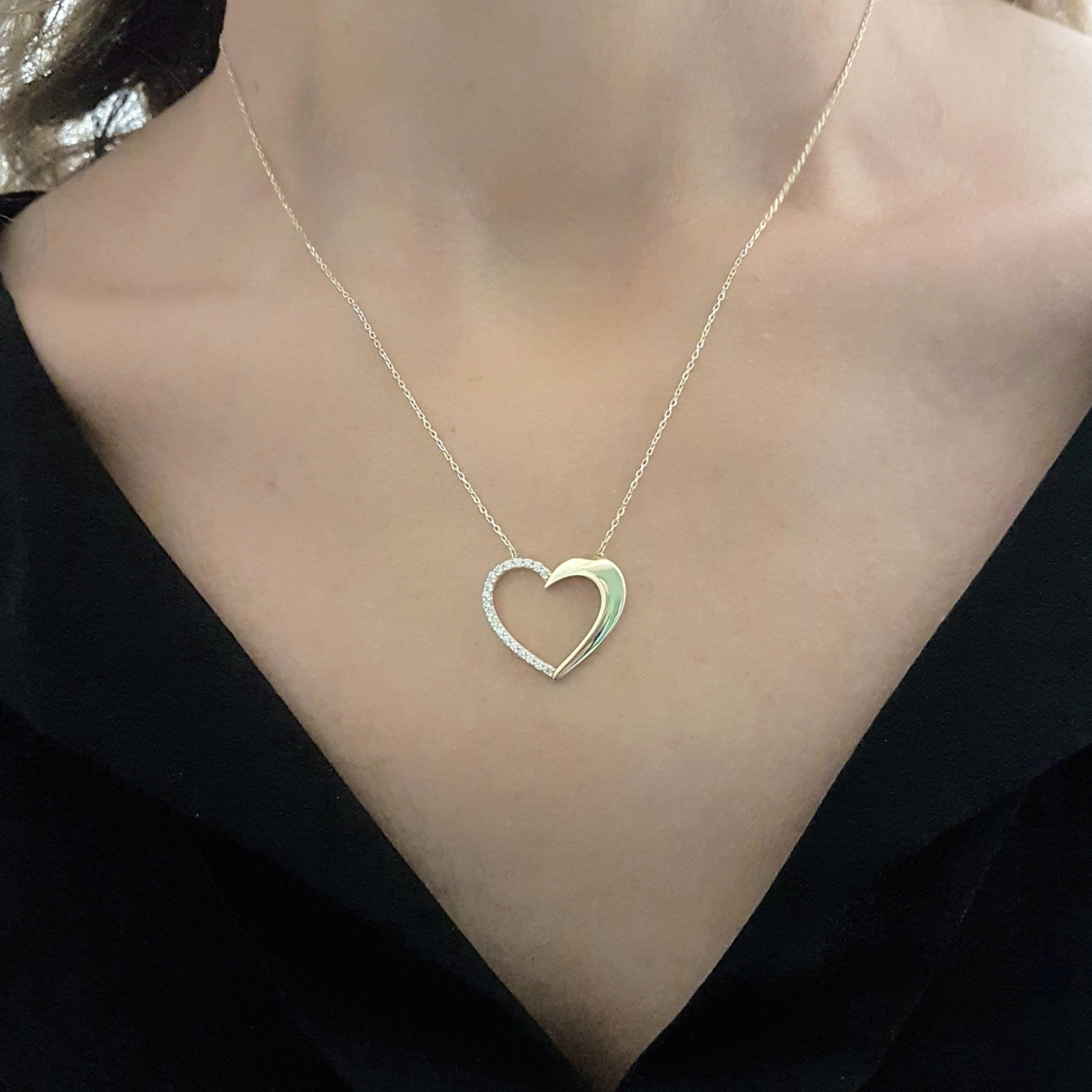 14K Real Solid Gold Heart Pendant Necklace Half Decorated with Zirconia Stones | Layered Necklaces | Gold Necklaces for Women