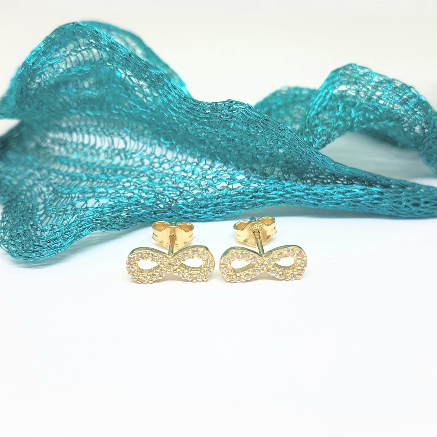 14K Real Solid Gold Infinity Stud Earrings for Women Decorated with Zirconia Stones