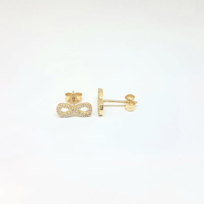 14K Real Solid Gold Infinity Stud Earrings for Women Decorated with Zirconia Stones