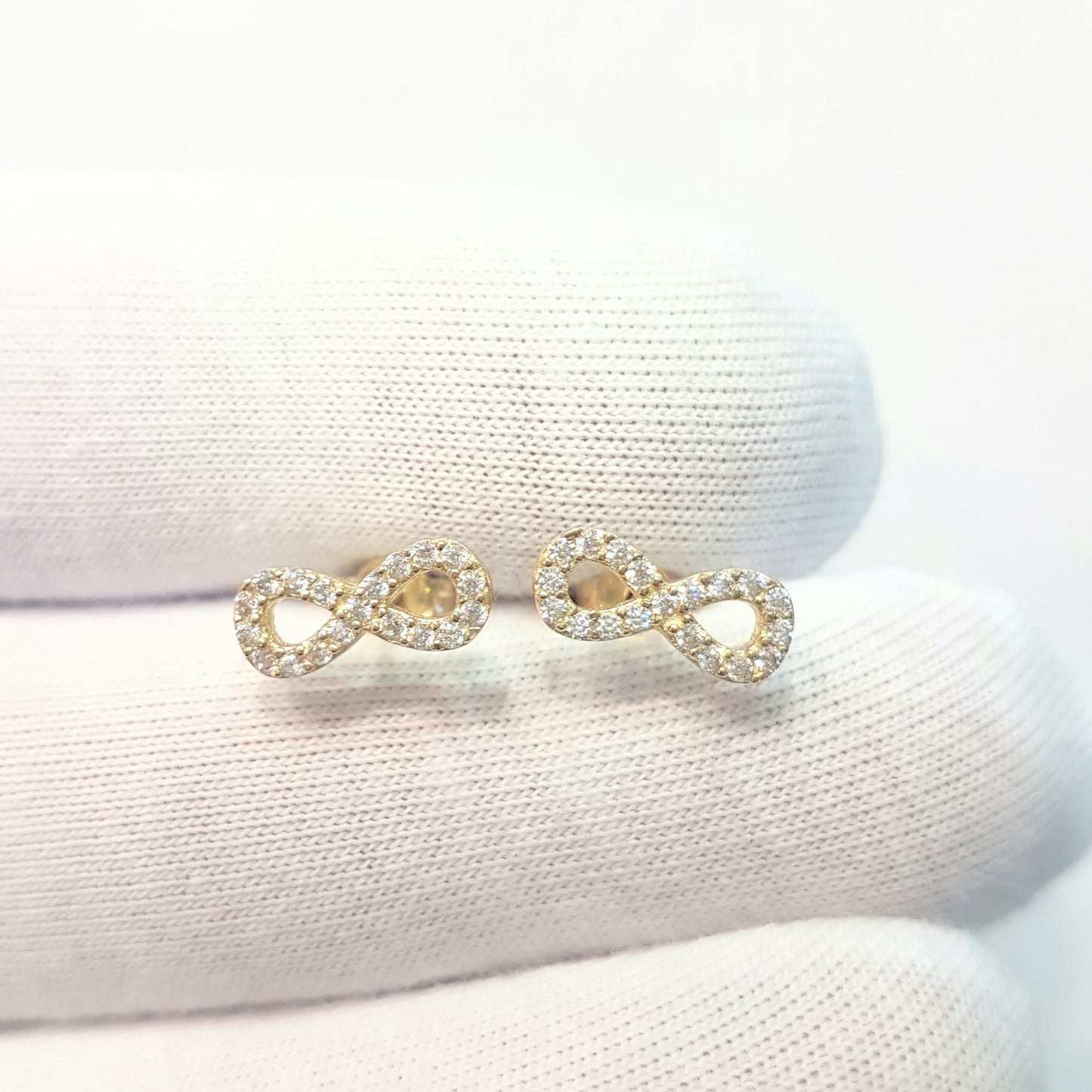 14K Real Solid Gold Infinity Stud Earrings for Women Decorated with Zirconia Stones