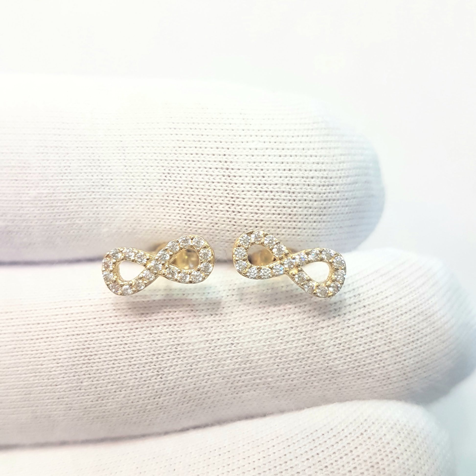 14K Real Solid Gold Infinity Stud Earrings for Women Decorated with Zirconia Stones