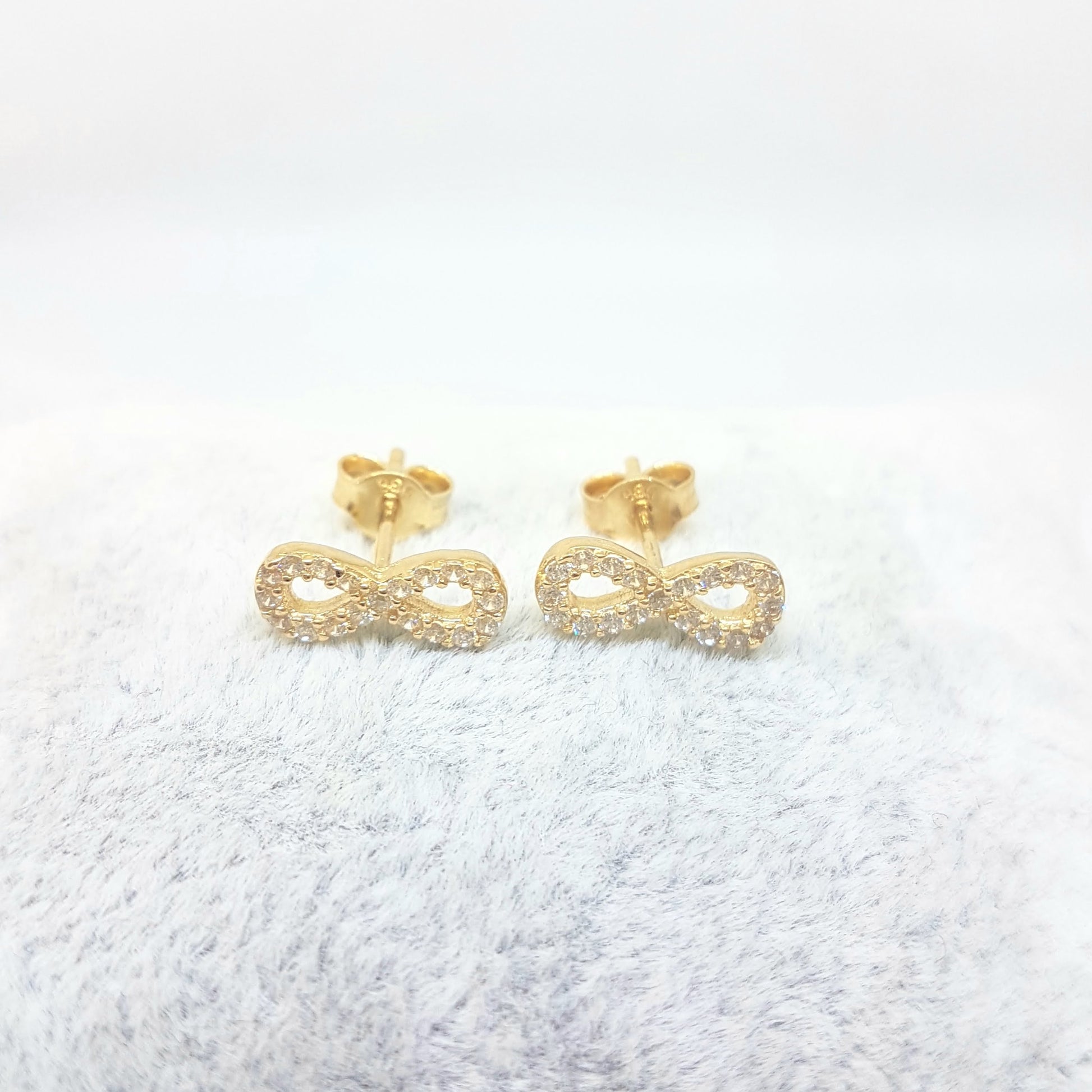 14K Real Solid Gold Infinity Stud Earrings for Women Decorated with Zirconia Stones
