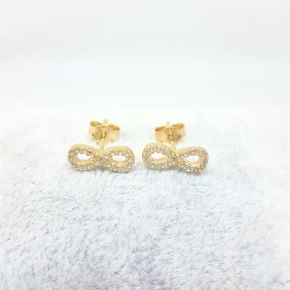 14K Real Solid Gold Infinity Stud Earrings for Women Decorated with Zirconia Stones