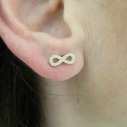 14K Real Solid Gold Infinity Stud Earrings for Women Decorated with Zirconia Stones