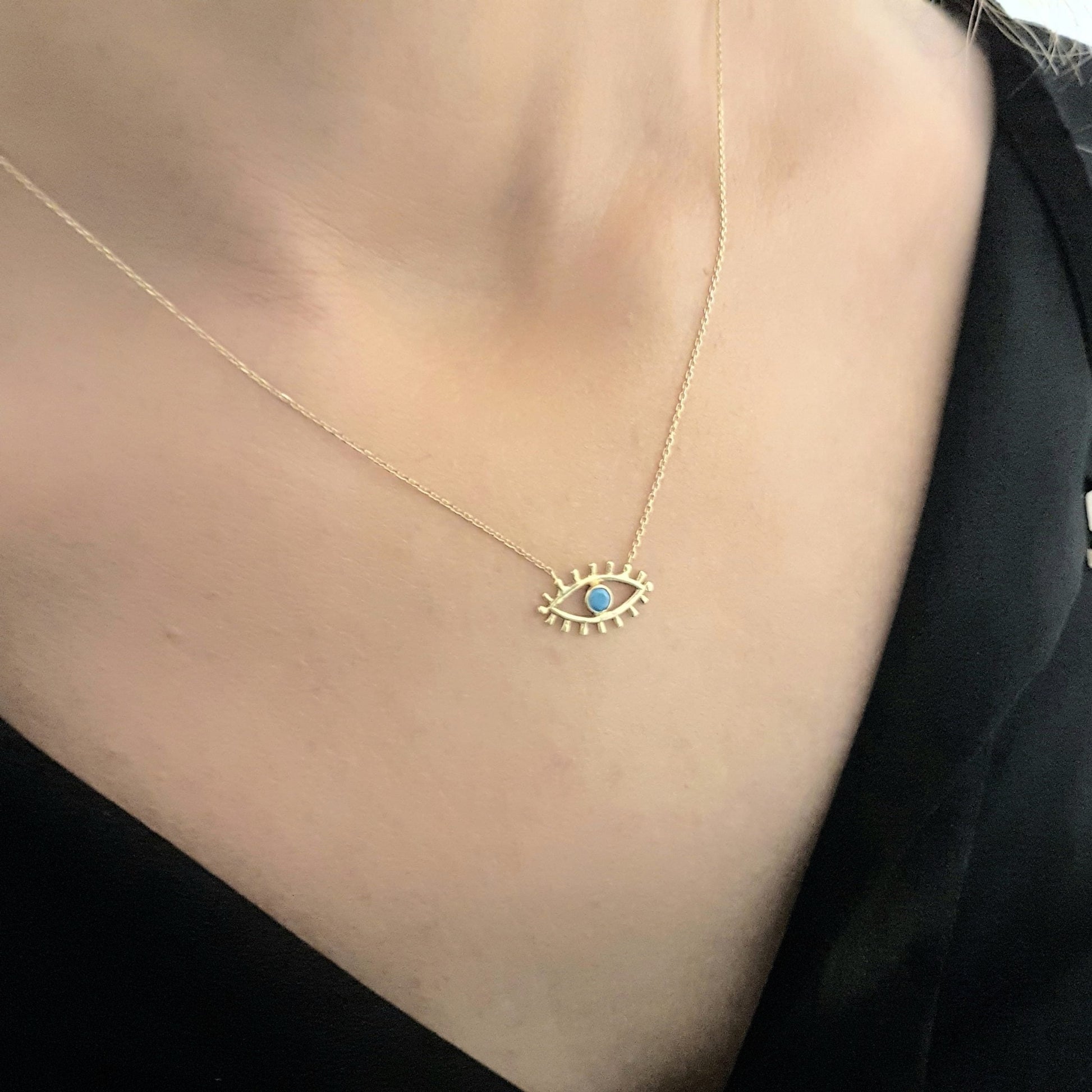 14K Real Solid Yellow Gold Turquoise Evil Eye Pendant Necklace Charm Elegant Dainty Birthday Valentine Christmas Gifts For Women Handmade Jewelry