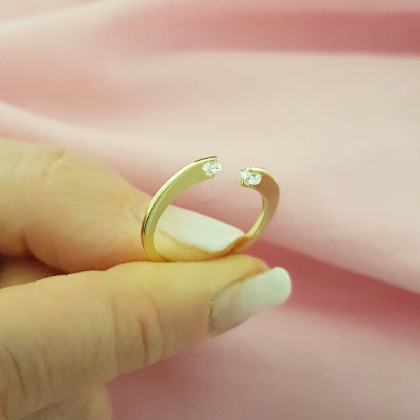 14K Real Solid Yellow Gold Open Separate Ring with White Zirconia Stones Simple Dainty For Women