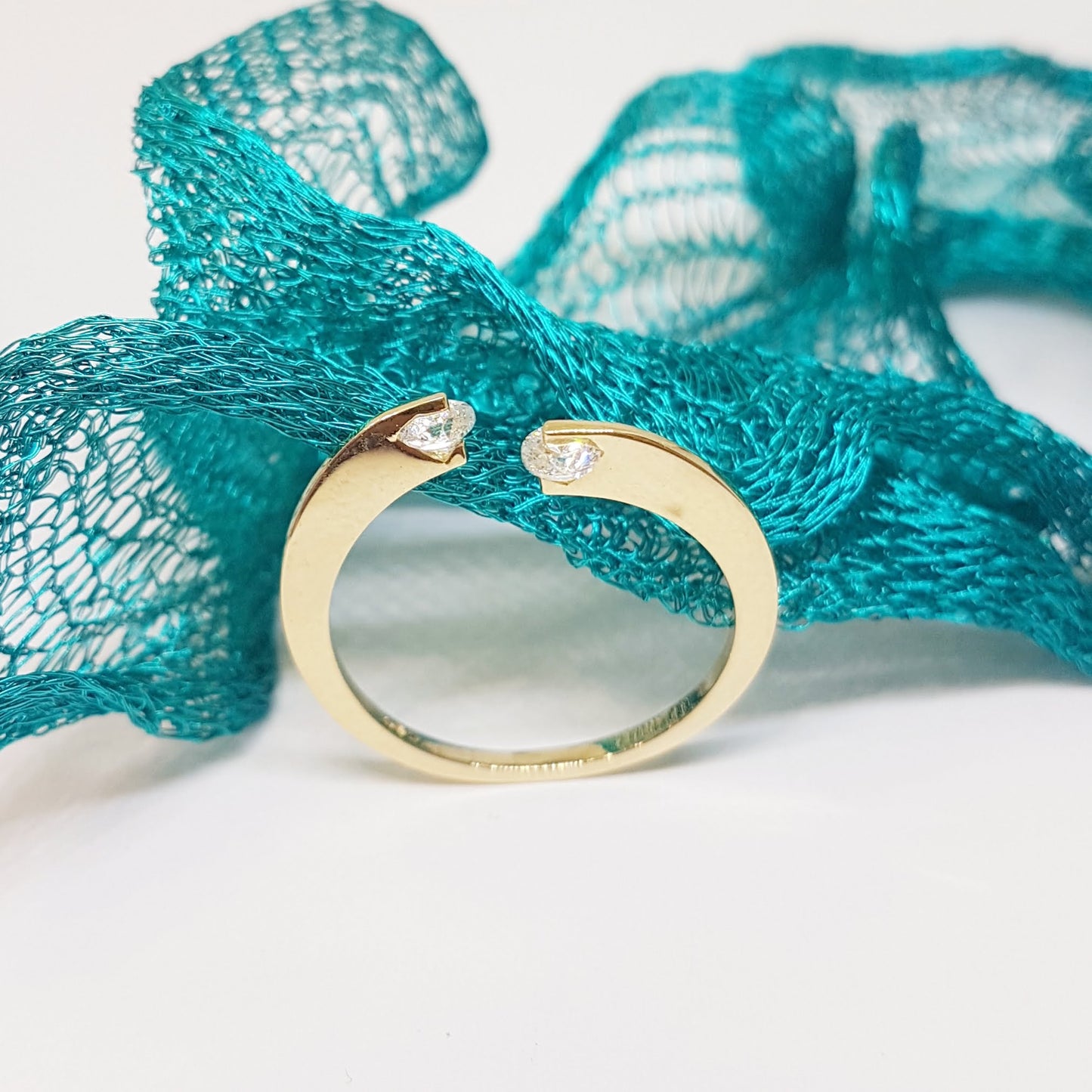 14K Real Solid Yellow Gold Open Separate Ring with White Zirconia Stones Simple Dainty For Women