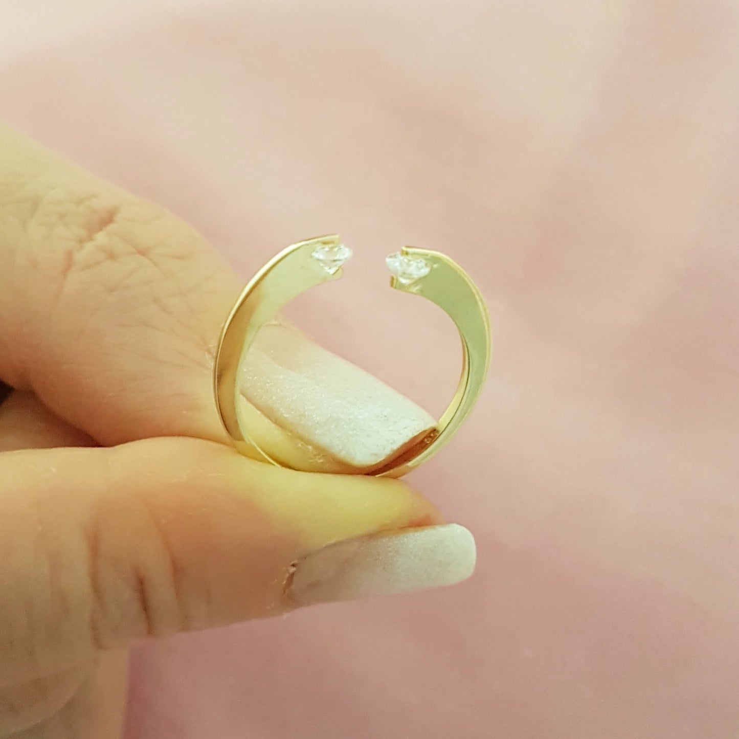 14K Real Solid Yellow Gold Open Separate Ring with White Zirconia Stones Simple Dainty For Women