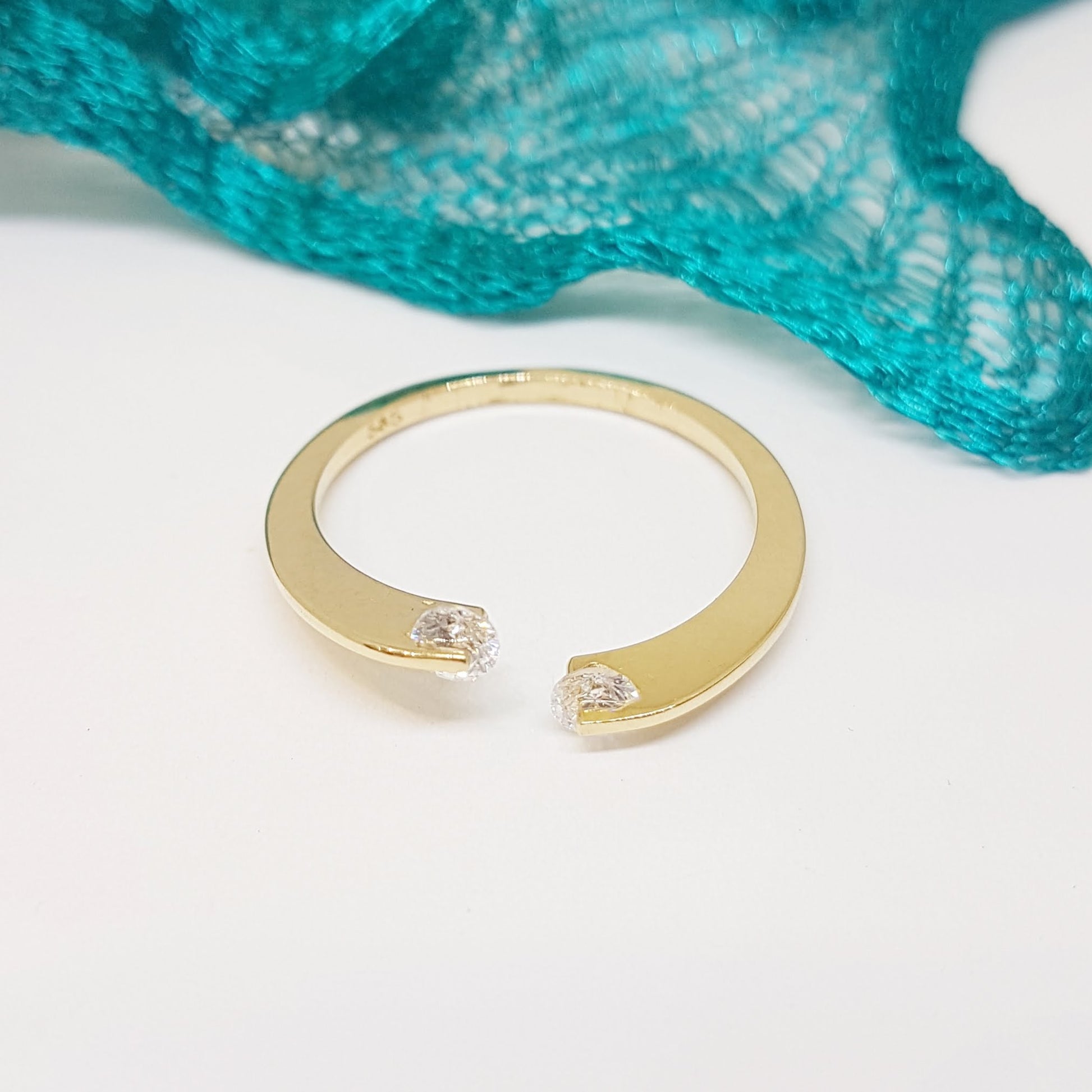 14K Real Solid Yellow Gold Open Separate Ring with White Zirconia Stones Simple Dainty For Women