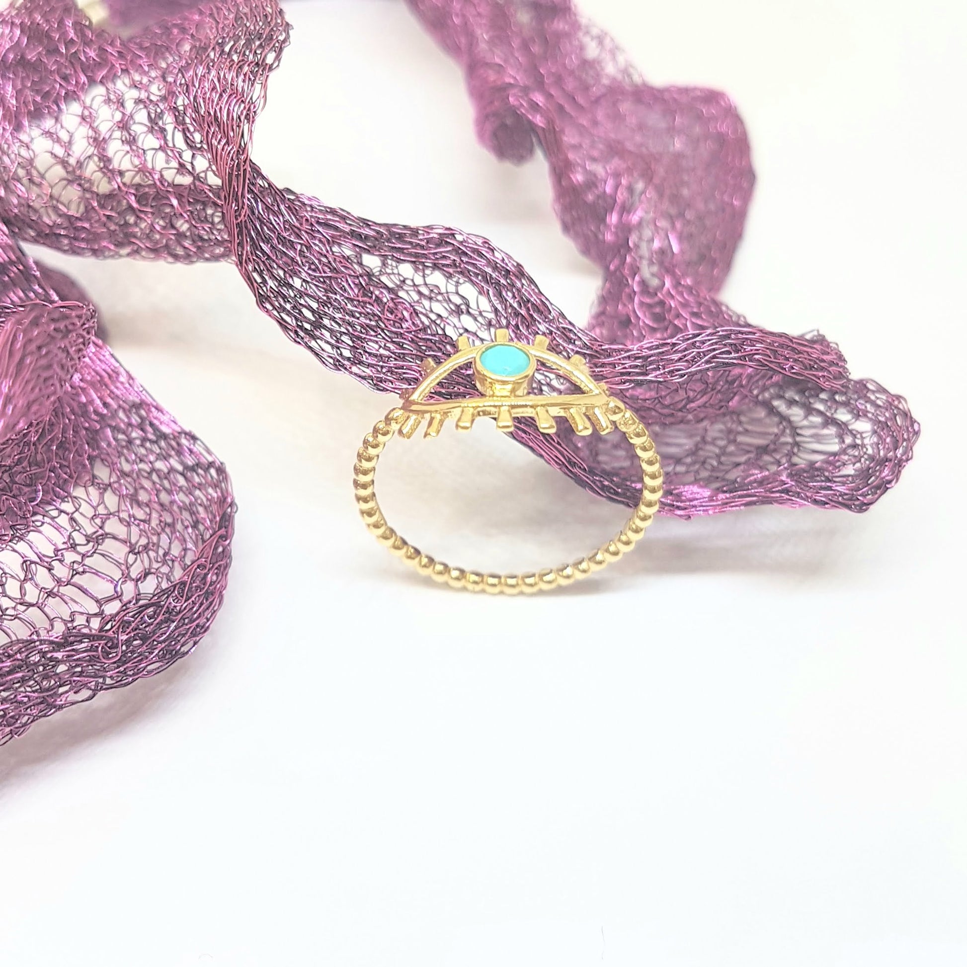 14K Real Solid Yellow Gold Turquoise Evil Eye Ring For Women