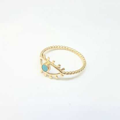 14K Real Solid Yellow Gold Turquoise Evil Eye Ring For Women