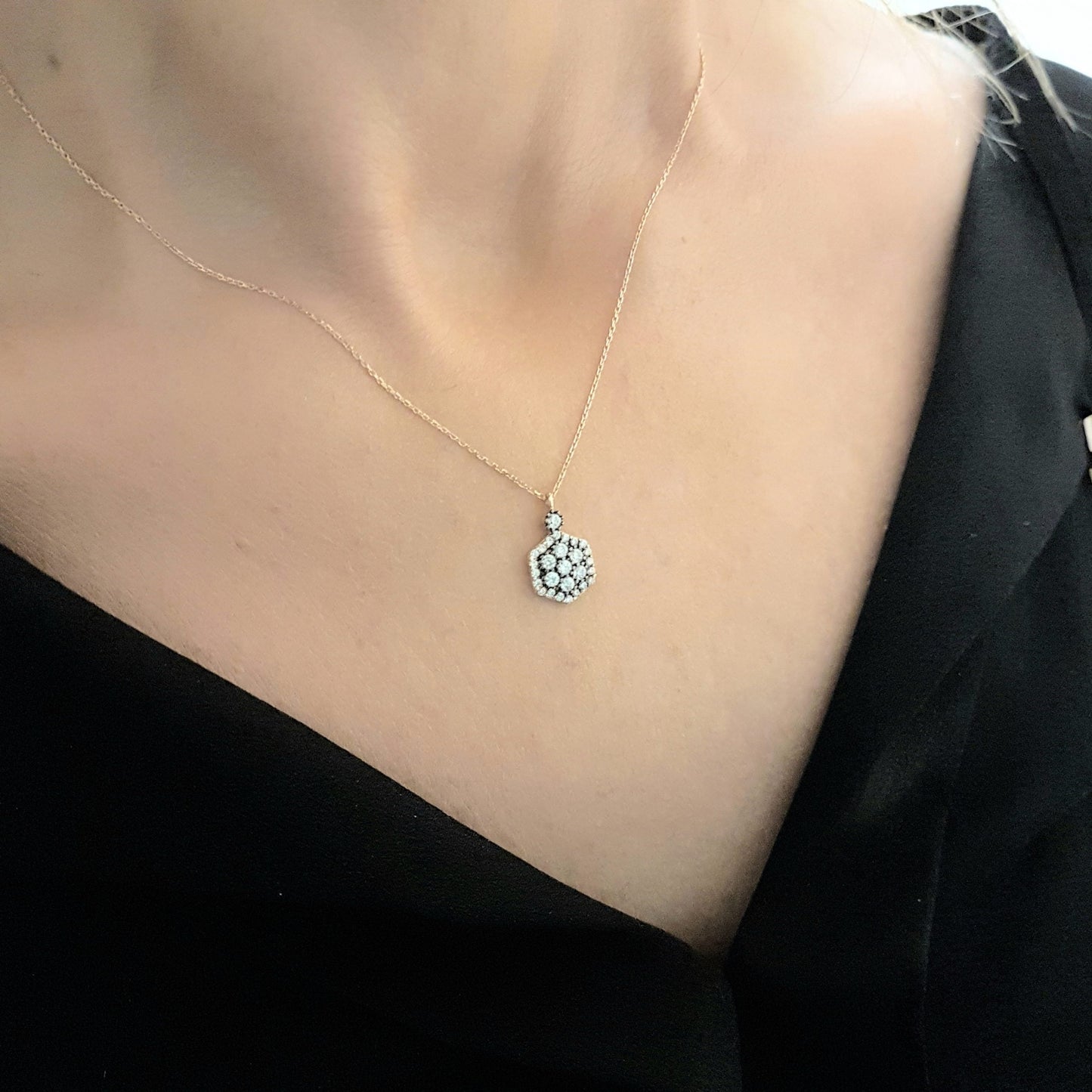 14K Real Solid Rose Gold Hexagon Model Design Decorated with White Zirconia Stones Pendant Necklace for Women Birthday Gift for Her Charm Elegant Modern Dainty