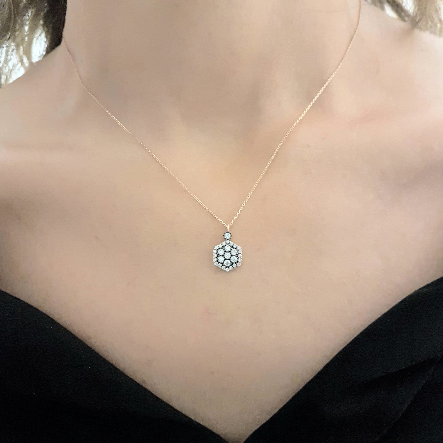 14K Real Solid Rose Gold Hexagon Model Design Decorated with White Zirconia Stones Pendant Necklace for Women Birthday Gift for Her Charm Elegant Modern Dainty