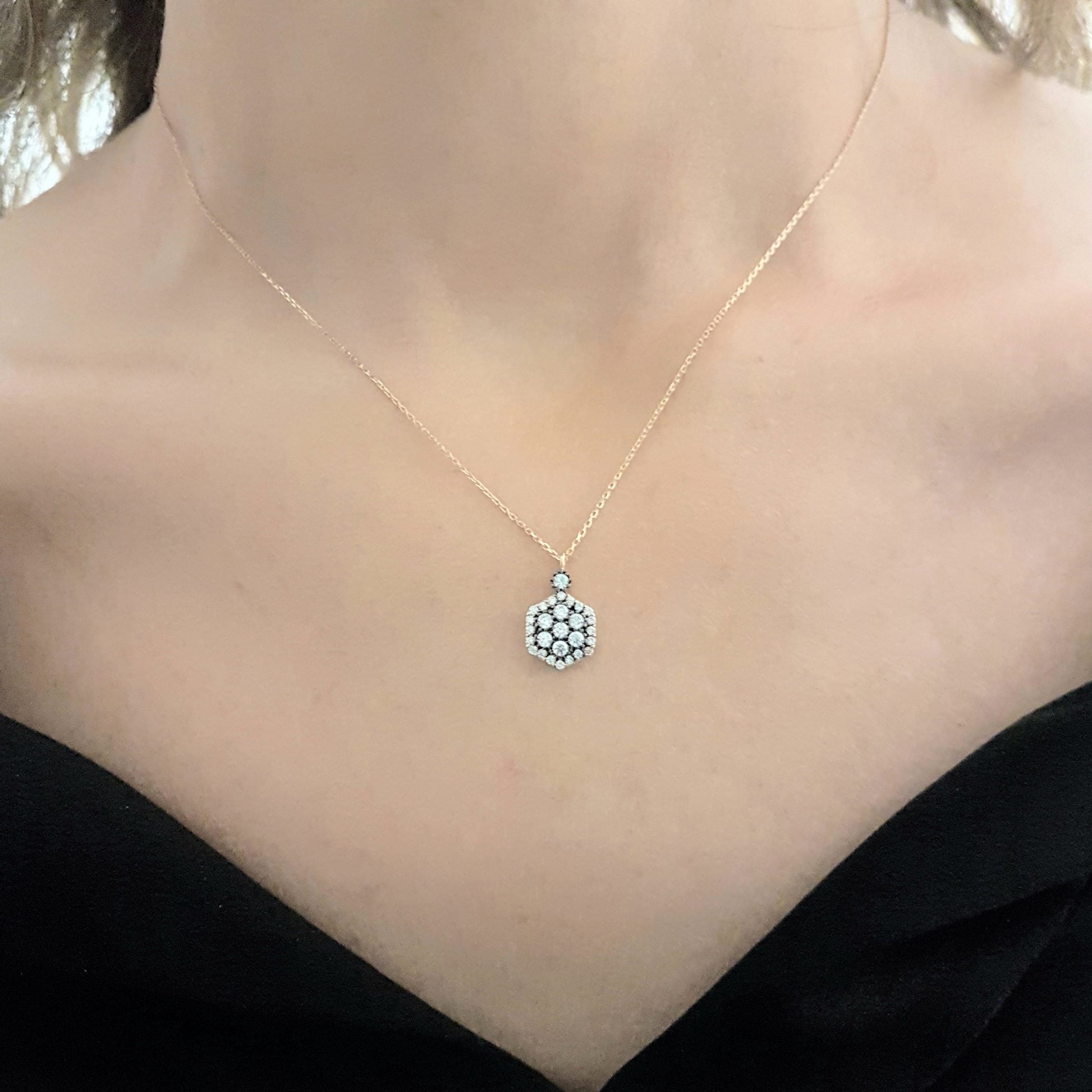 14K Real Solid Rose Gold Hexagon Model Design Decorated with White Zirconia Stones Pendant Necklace for Women Birthday Gift for Her Charm Elegant Modern Dainty