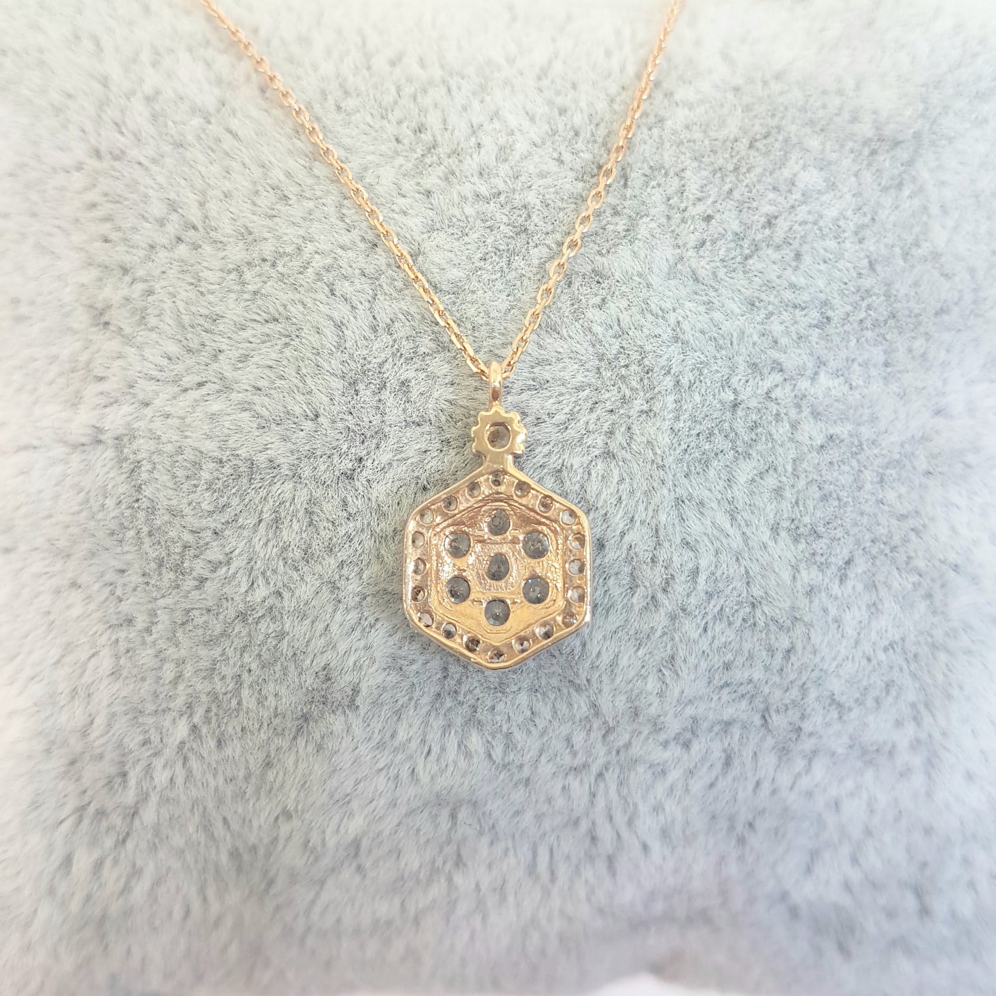 14K Real Solid Rose Gold Hexagon Model Design Decorated with White Zirconia Stones Pendant Necklace for Women Birthday Gift for Her Charm Elegant Modern Dainty