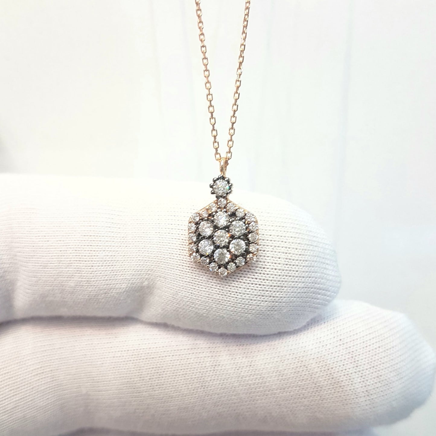 14K Real Solid Rose Gold Hexagon Model Design Decorated with White Zirconia Stones Pendant Necklace for Women Birthday Gift for Her Charm Elegant Modern Dainty