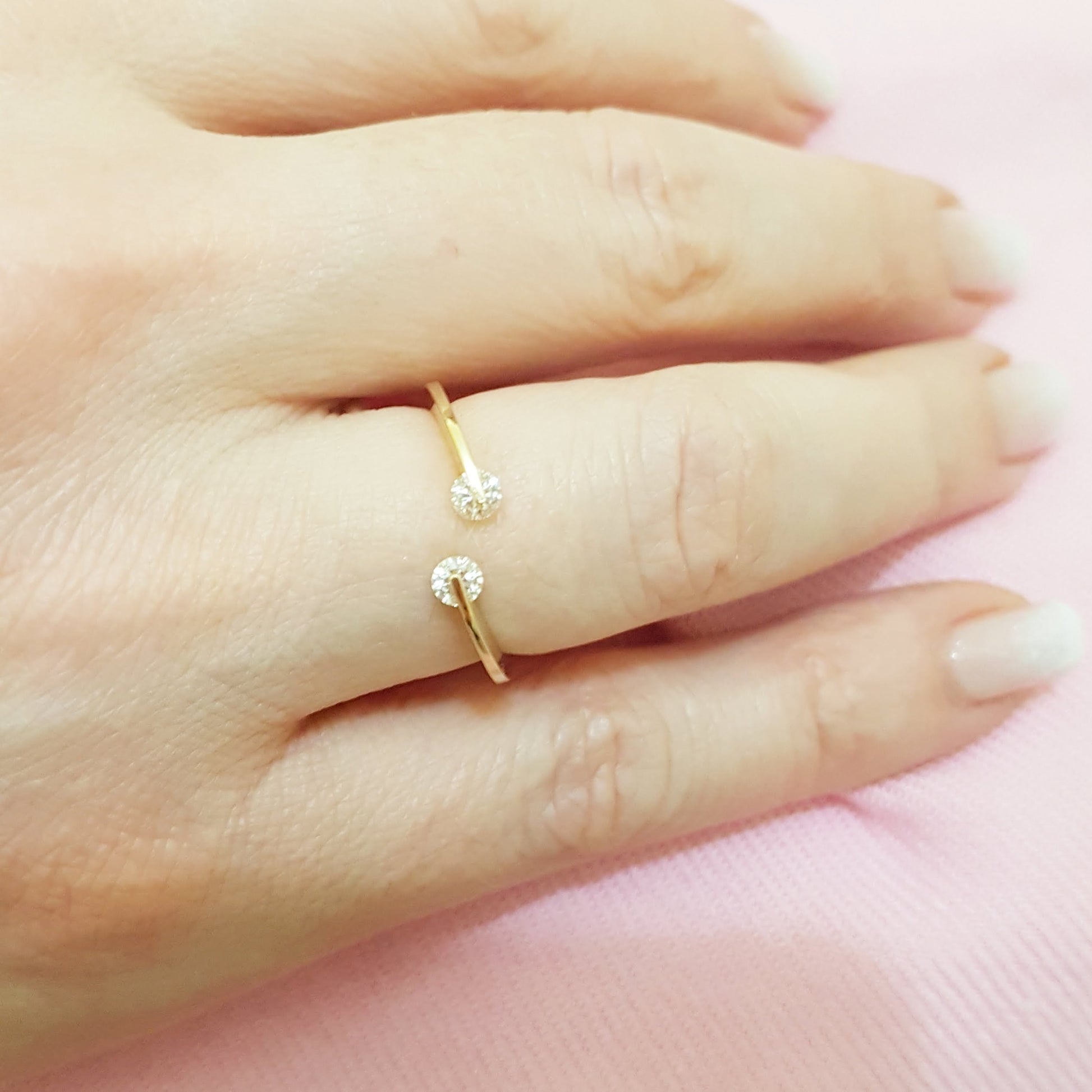 14K Real Solid Yellow Gold Open Separate Ring with White Zirconia Stones Simple Dainty For Women
