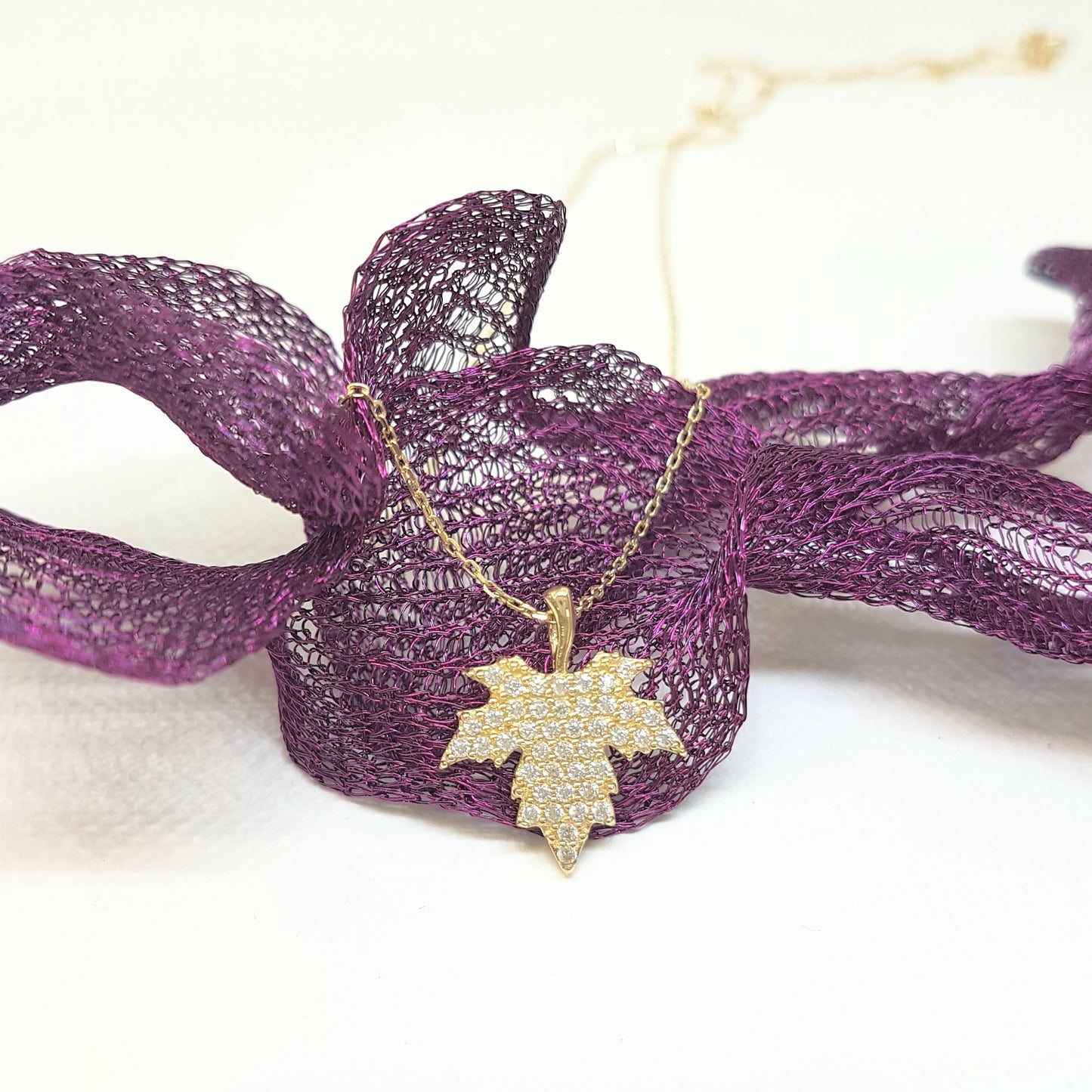 14K Real Solid Gold Long Leaf Pendant Necklace with White Zirconia Stones Cute Charm Dainty Delicate Trendy Elegant Birthday Gift for her women jewelry wife grandma girl Autumn Maple