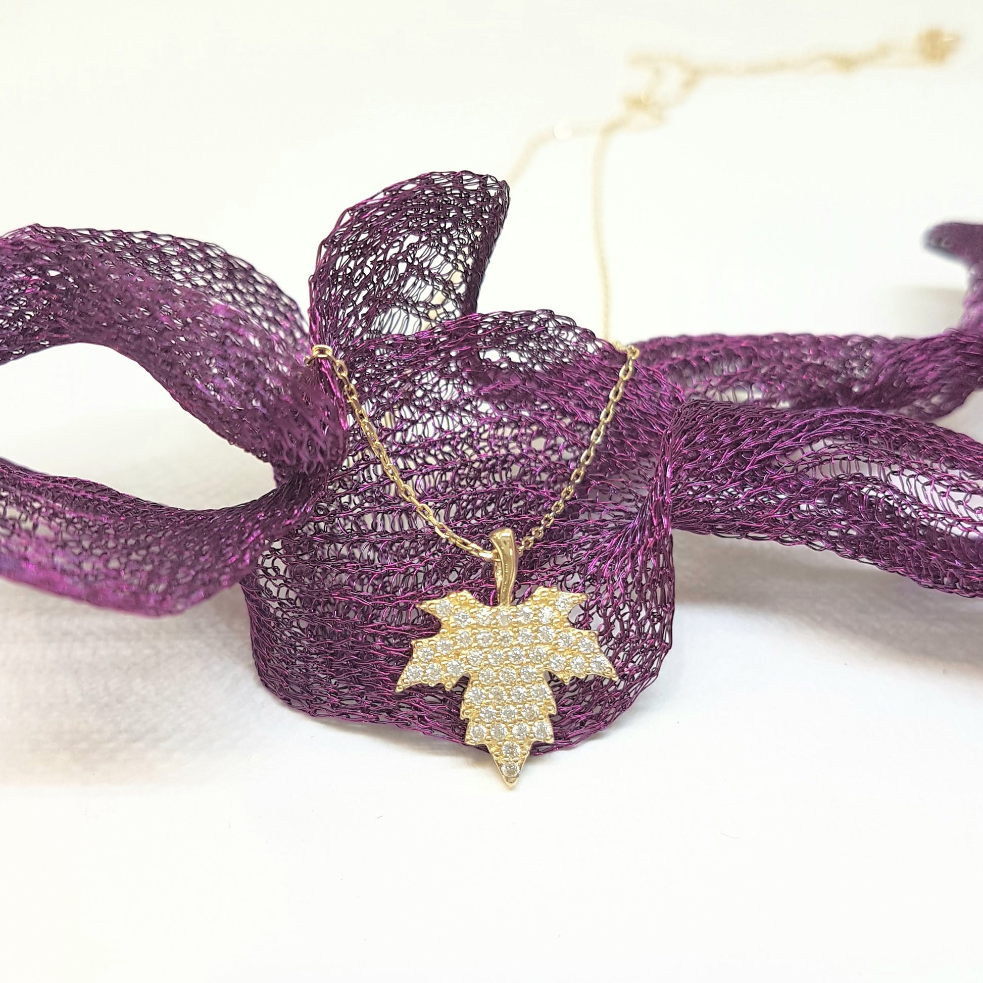 14K Real Solid Gold Long Leaf Pendant Necklace with White Zirconia Stones Cute Charm Dainty Delicate Trendy Elegant Birthday Gift for her women jewelry wife grandma girl Autumn Maple