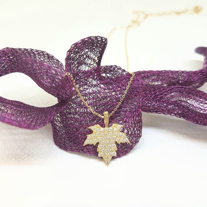 14K Real Solid Gold Long Leaf Pendant Necklace with White Zirconia Stones Cute Charm Dainty Delicate Trendy Elegant Birthday Gift for her women jewelry wife grandma girl Autumn Maple