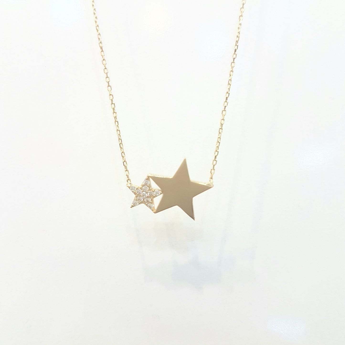 14K Gold Two Stars Design Dainty Delicate Cute Initial Charm Trendy Pendant Necklace (Choice of Gold Colors and Length) for women jewelry girlfriend mom birthday gift