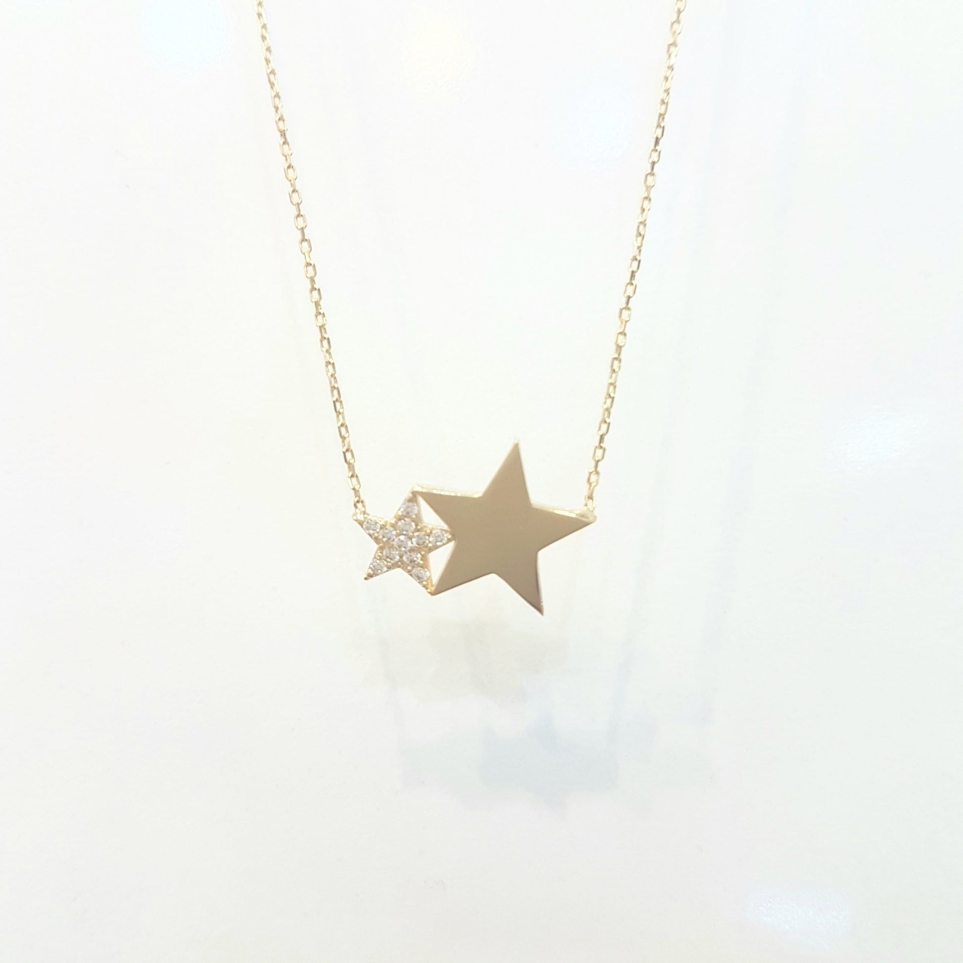 14K Gold Two Stars Design Dainty Delicate Cute Initial Charm Trendy Pendant Necklace (Choice of Gold Colors and Length) for women jewelry girlfriend mom birthday gift