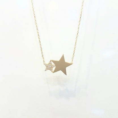 14K Gold Two Stars Design Dainty Delicate Cute Initial Charm Trendy Pendant Necklace (Choice of Gold Colors and Length) for women jewelry girlfriend mom birthday gift